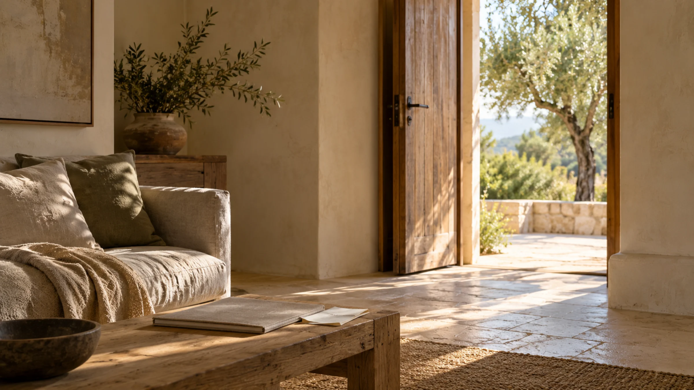 A closed linen folder rests on a wooden table in a sunlit home, with olive foliage visible through the open door.